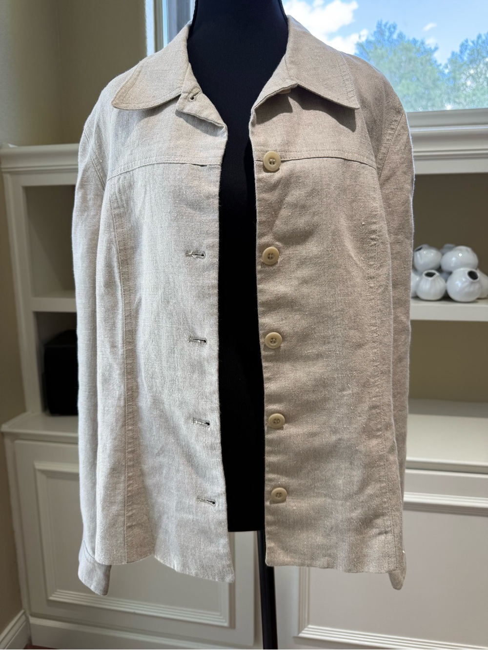Linen Shirt Beige Classic Women's Lined Boxy  Button-Front Jacket-Style Capsule